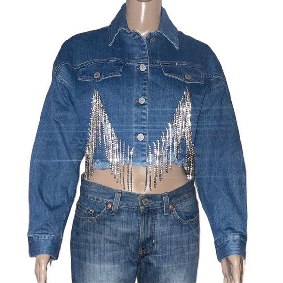 LABIJOU Jackets & Blazers - LABIJOU rhinestone fringe cropped denim jacket